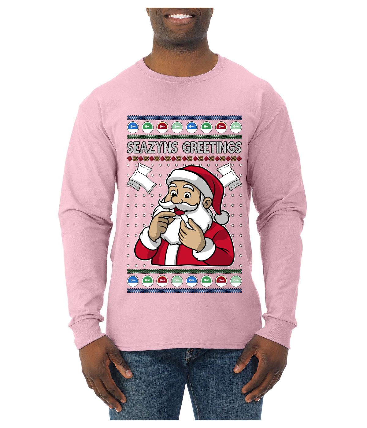 Seazyns Greeting Santa Packing Lip Pouch, Ugly Christmas Sweater Unisex Mens Long Sleeve Shirt