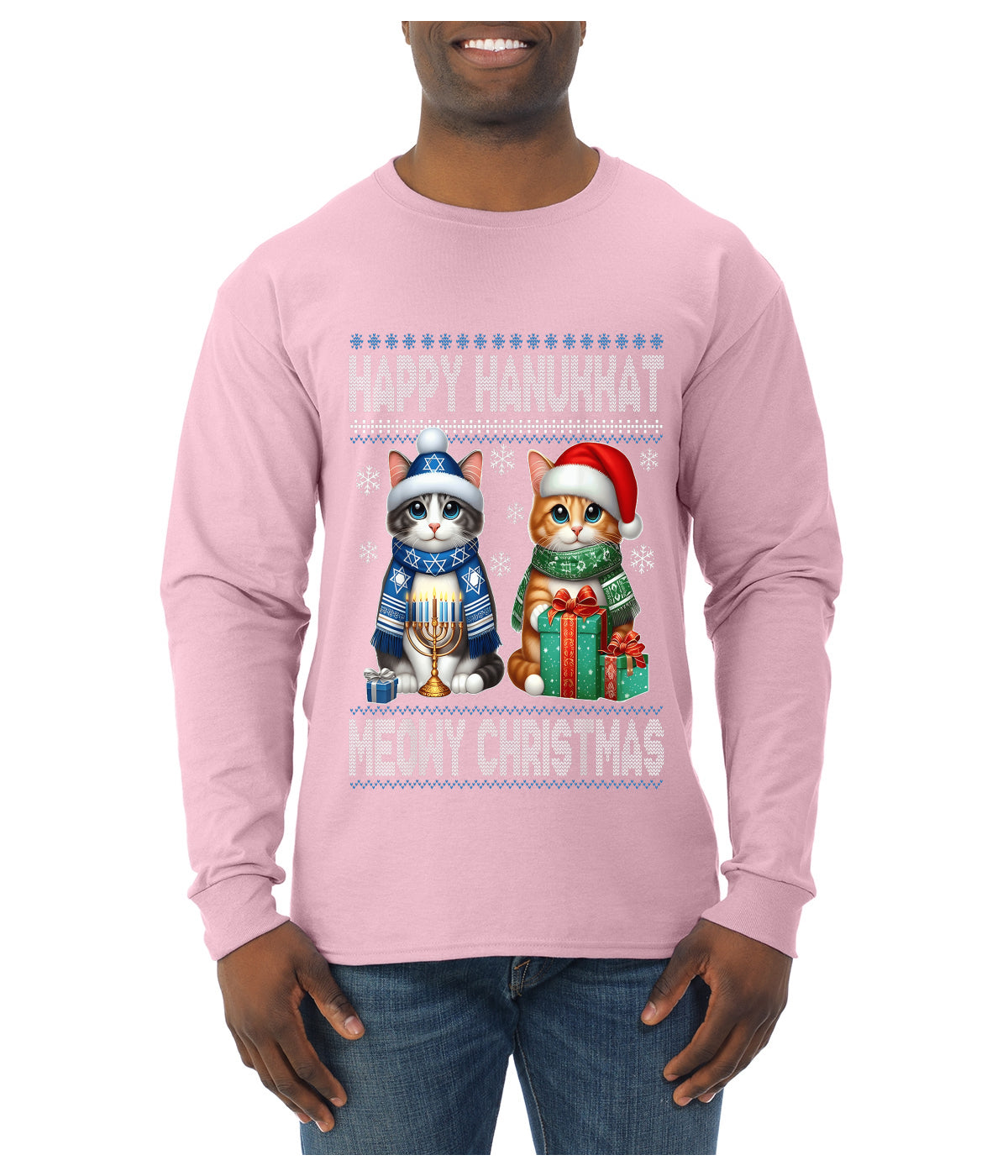 Happy Hanukkat Meowy Christmas, Ugly Christmas Sweater Unisex Mens Long Sleeve Shirt