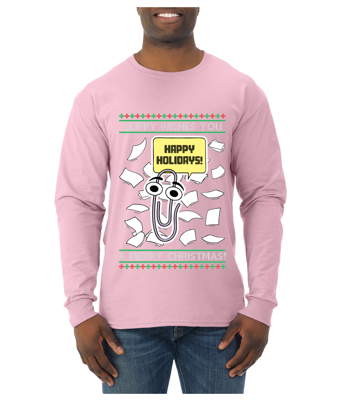 Clippy Wishes You A Merry Christmas Office Assistant, Ugly Christmas Sweater Unisex Mens Long Sleeve Shirt