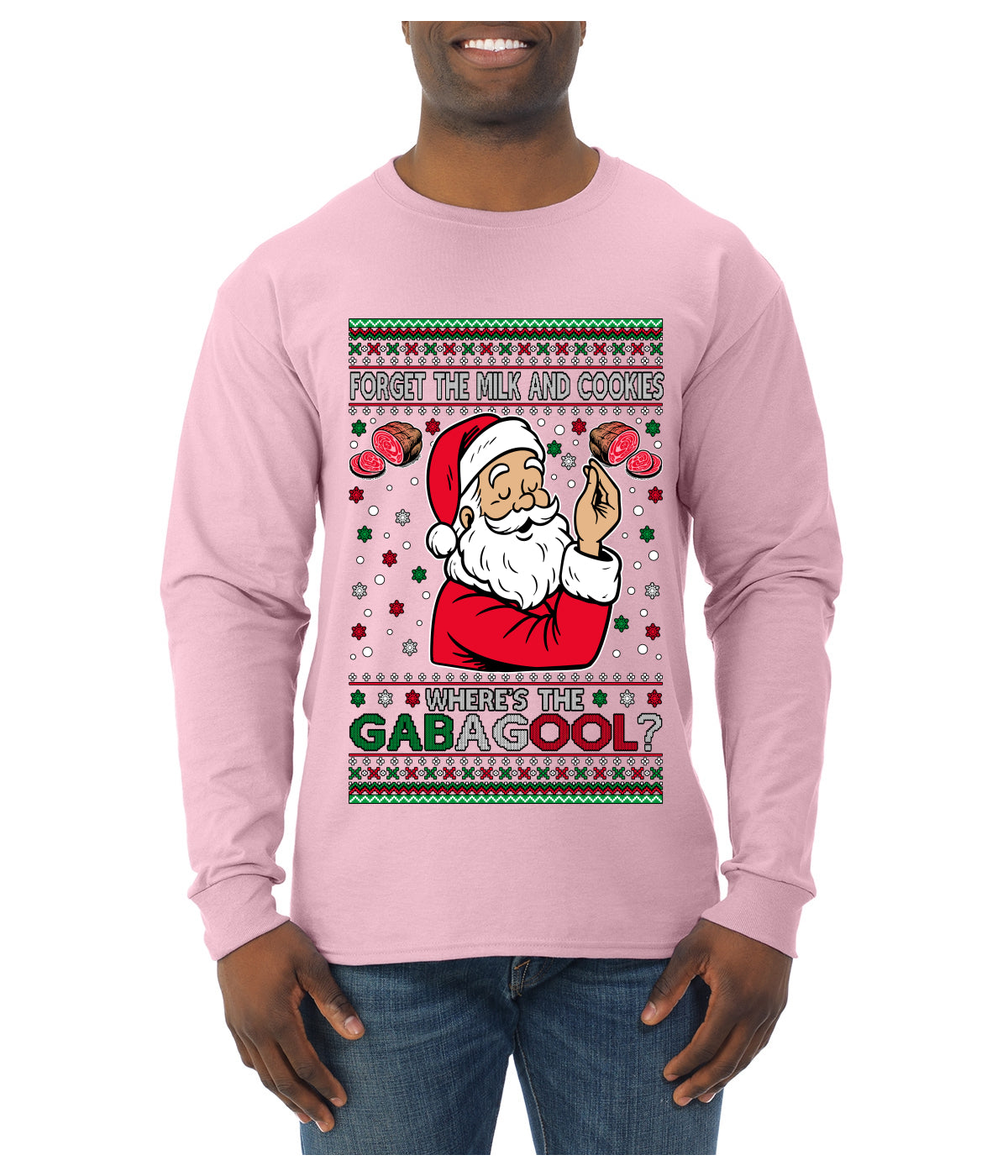 Forget The Milk And Cookies, Where's The Gabagool? Funny Italian Capicola, Italian American Slang Christmas Sweater, Ugly Christmas Sweater Unisex Mens Long Sleeve Shirt