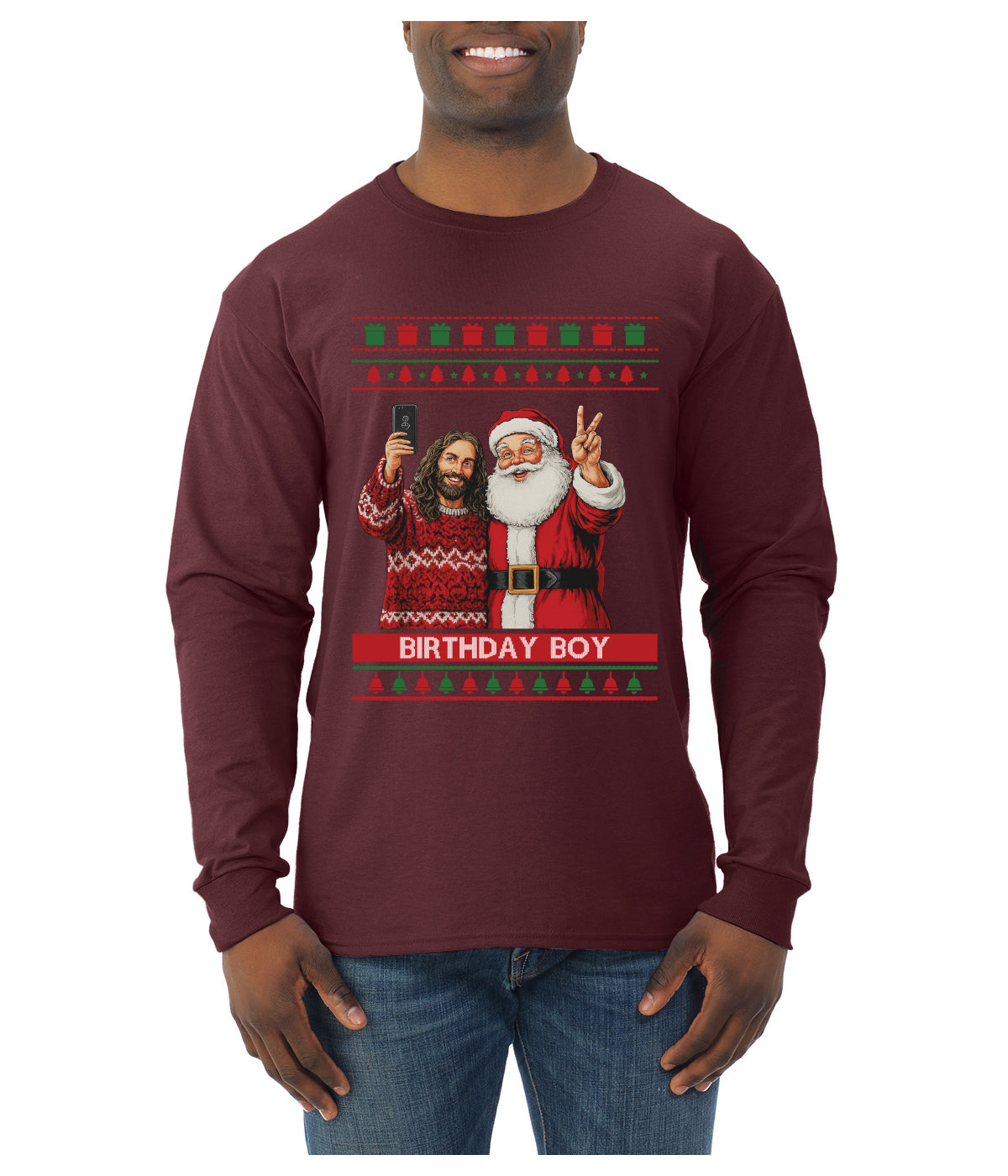 Birthday Boy Jesus, Ugly Christmas Sweater Unisex Mens Long Sleeve Shirt