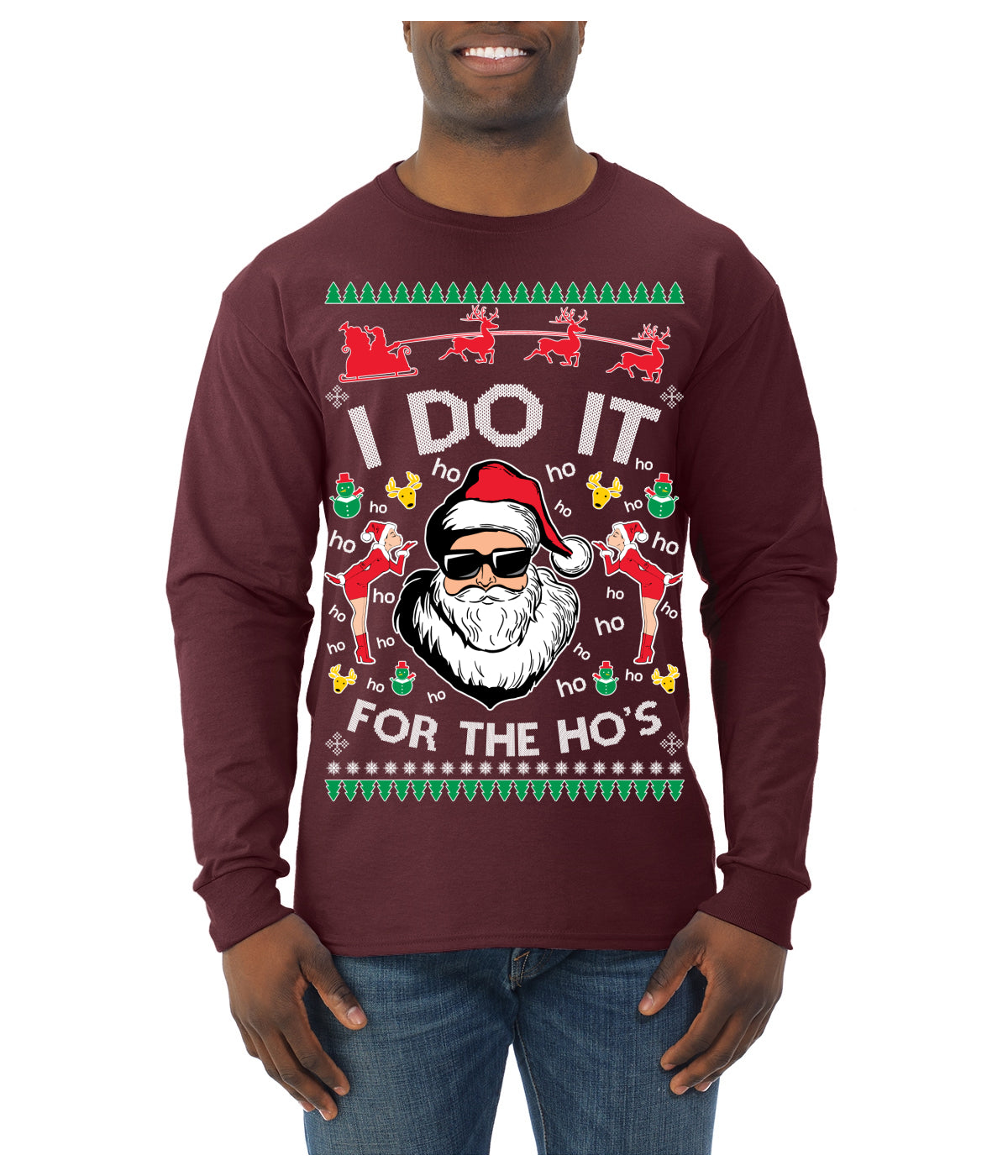 I Do It for the Hos Funny Santa Claus Ugly Christmas Sweater Mens Long Sleeve Shirt