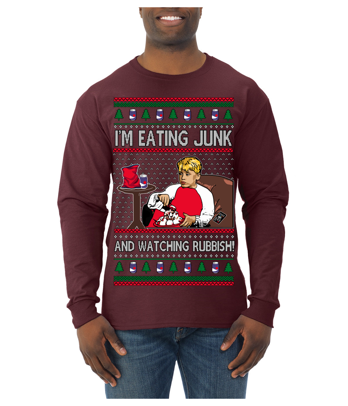 I'm Eating Junk and Watching Rubbish 90s Movie Ice Cream Ugly Christmas Sweater Mens Long Sleeve Shirt