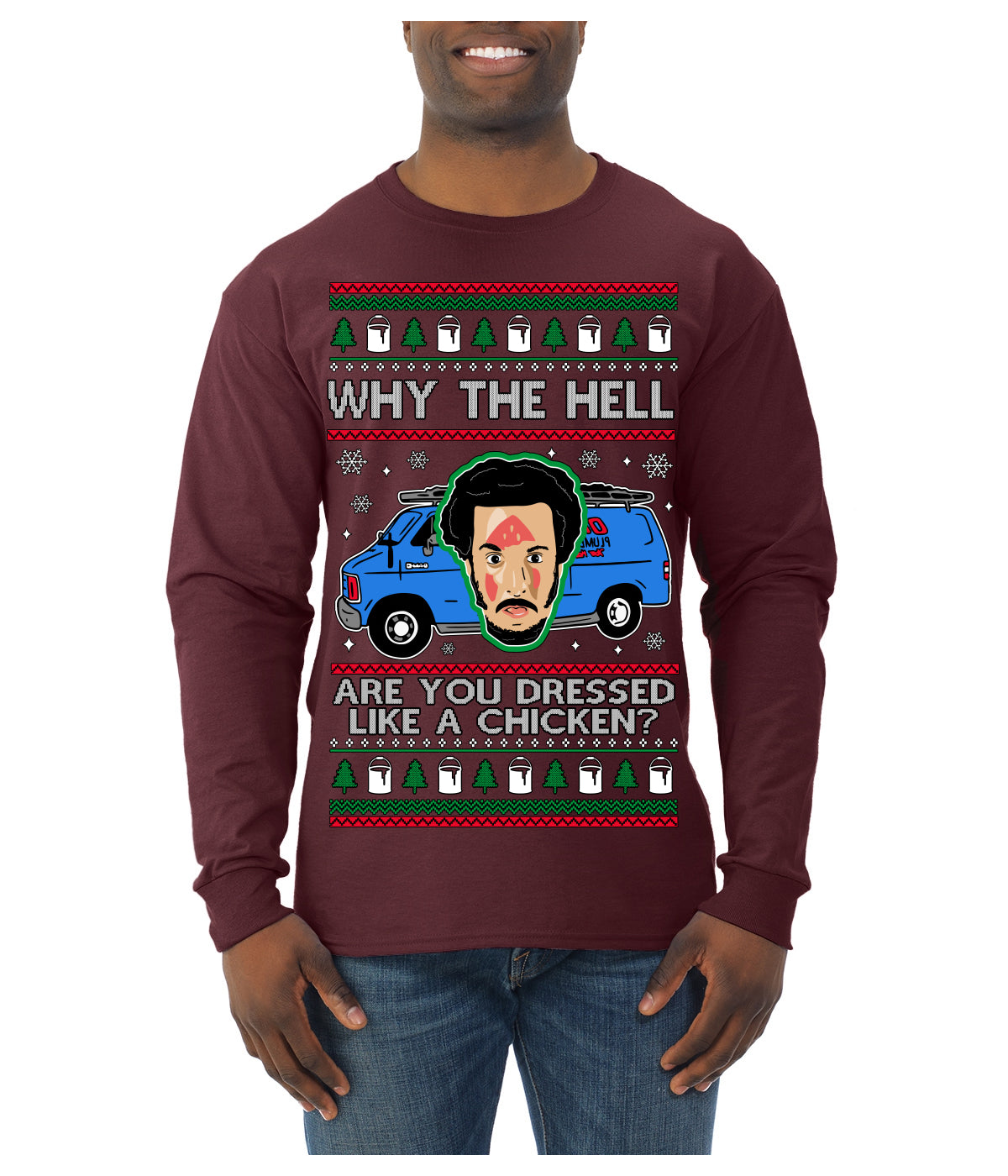 Why the Hell are You Dressed Like a Chicken? Funny Movie Ugly Christmas Sweater Mens Long Sleeve Shirt
