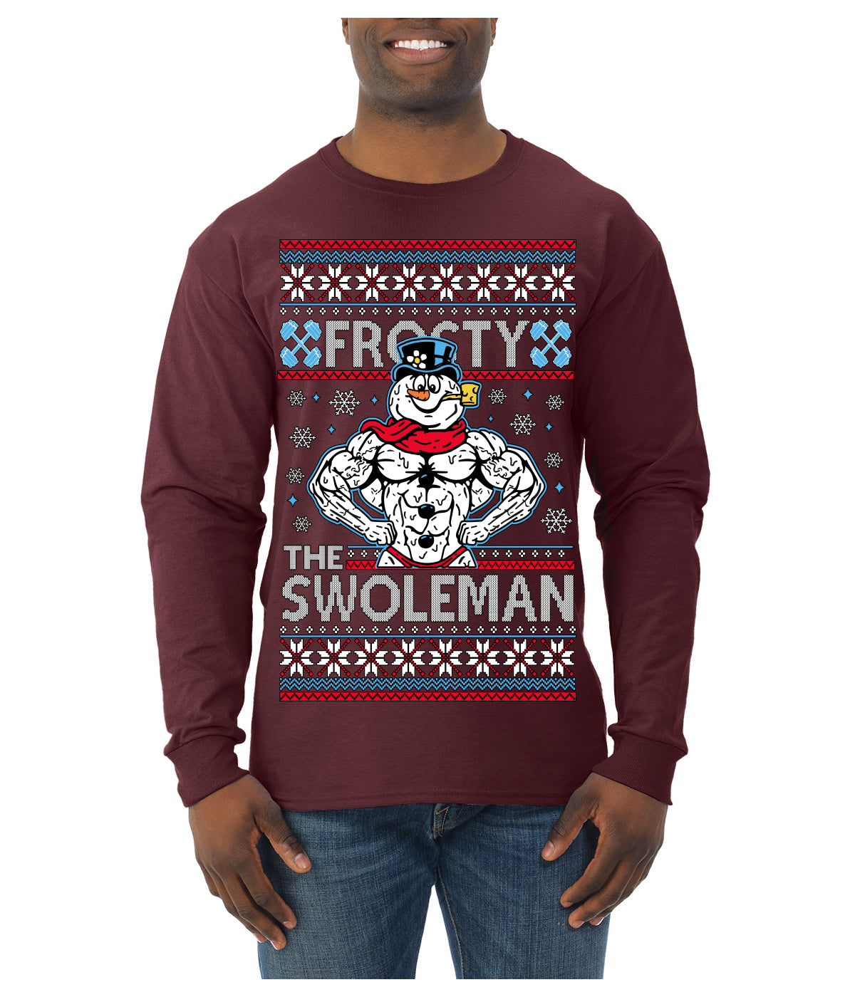 Frosty the Swoleman Funny Workout Lifting Snowman MovieUgly Christmas Sweater Mens Long Sleeve Shirt