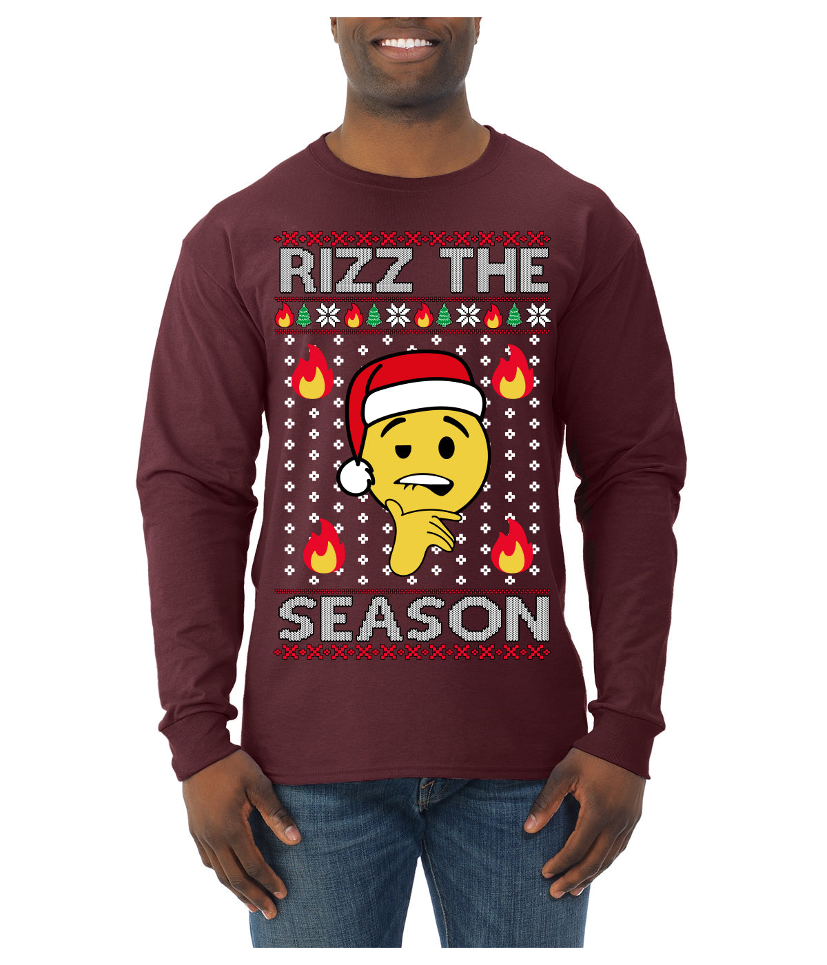 Rizz the Season Viral Internet Fire Emoji Face Meme Ugly Christmas Sweater Mens Long Sleeve Shirt