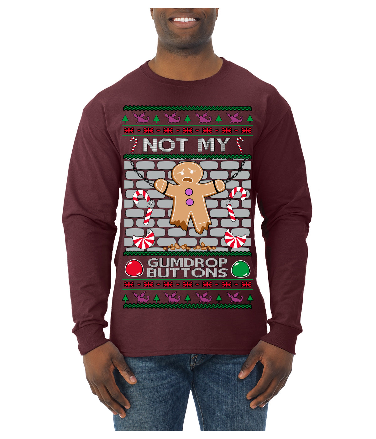Not My Gumdrop Buttons Funny Classic Movie Quote Ugly Christmas Sweater Mens Long Sleeve Shirt