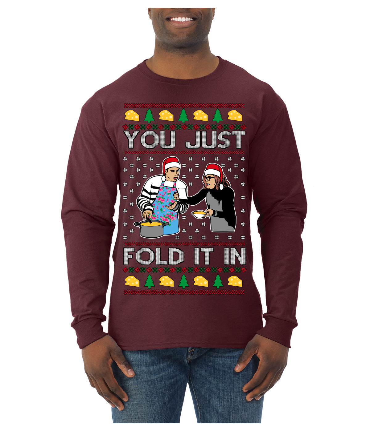 You Just Fold It In Funny Enchilada Moira David TV Sitcom Ugly Christmas Sweater Mens Long Sleeve Shirt