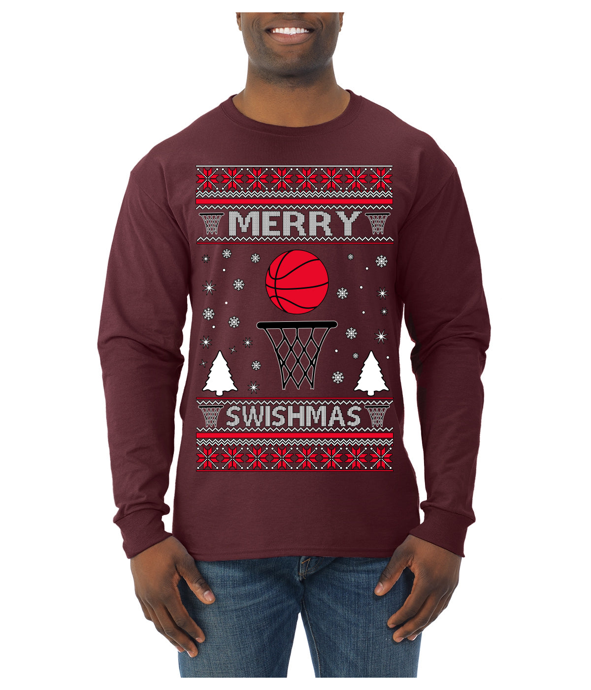 Merry Swishmas Basketball Sports Ugly Christmas Sweater Mens Long Sleeve Shirt