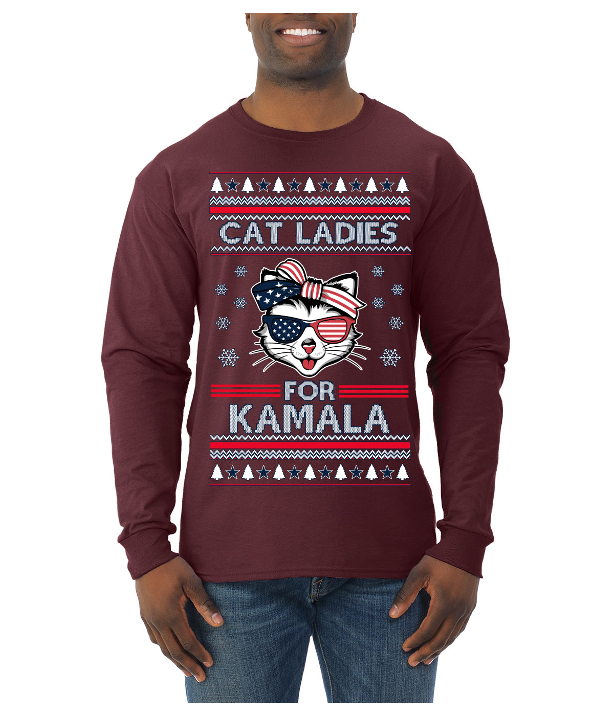 Cat Ladies for Kamala USA Glasses, Harris Tim Walz 2024 Cute USA Glasses Bow Ugly Christmas Sweater Mens Long Sleeve Shirt