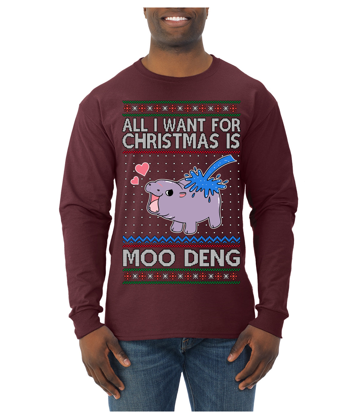 All I Want for Christmas is Moo Deng Cute Pygmy Hippo Ugly Christmas Sweater Mens Long Sleeve Shirt