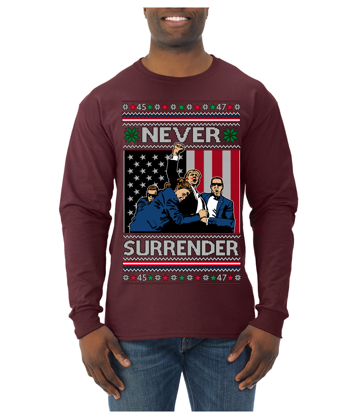Never Surrender Pro Donald Trump Fight Fist Pump 2024 Ugly Christmas Sweater Mens Long Sleeve Shirt