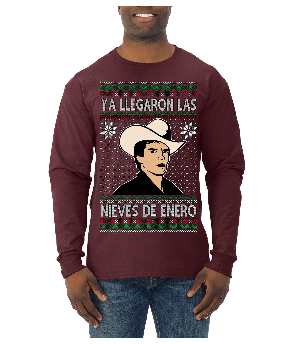 Ya Llegaron Las Nieves De Enero Chalino January Snow Ugly Christmas Sweater Mens Long Sleeve Shirt