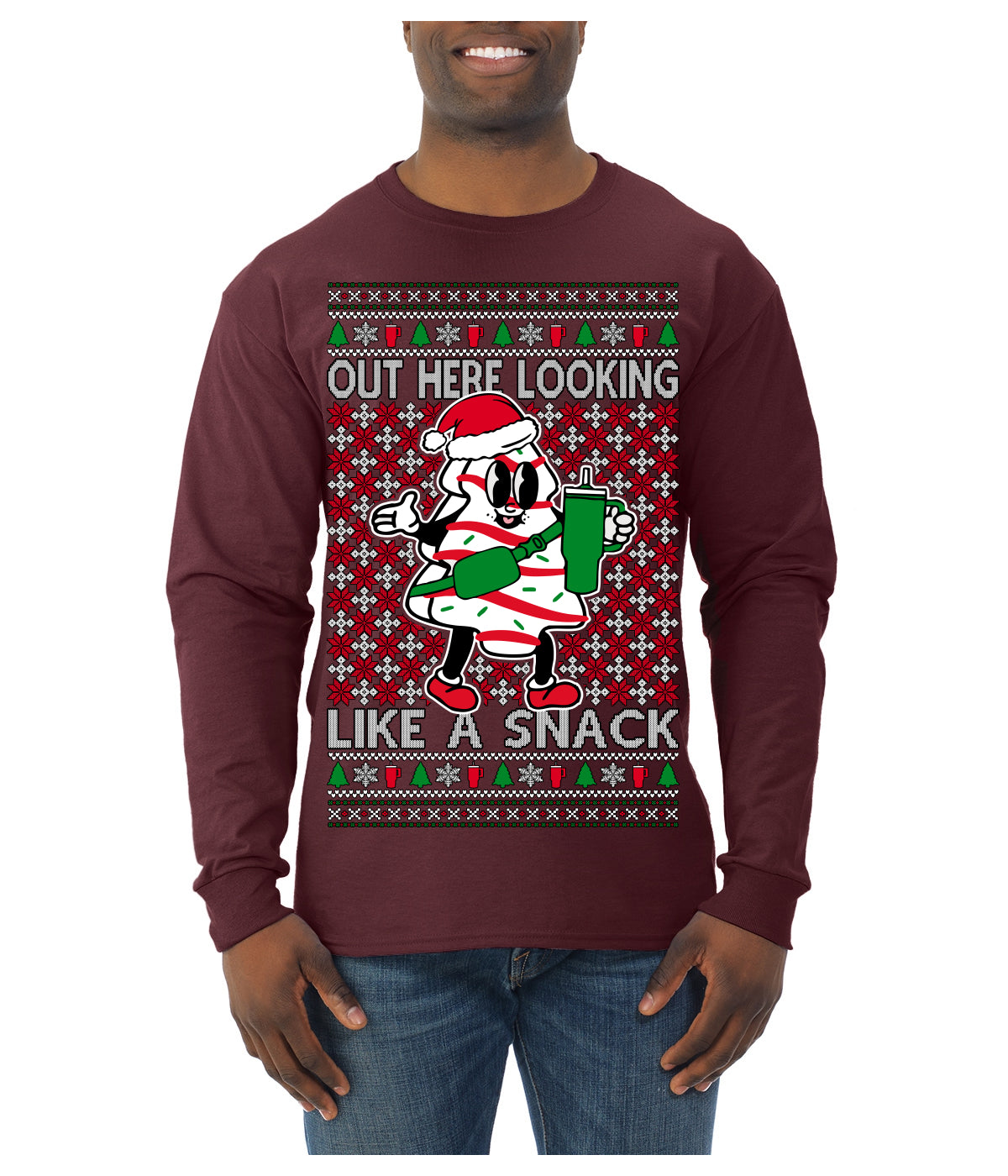 Out Here Looking Like a Snack Funny Cute Christmas Cookie Ugly Christmas Sweater Mens Long Sleeve Shirt