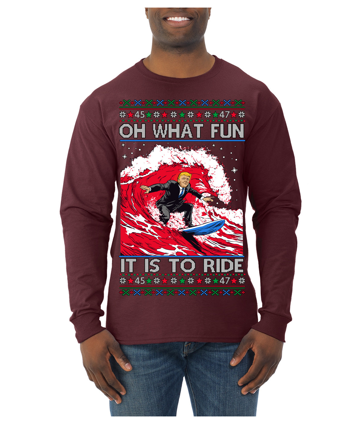 Oh What Fun It Is to Ride Donald Trump Red Wave Landslide Ugly Christmas Sweater Mens Long Sleeve Shirt
