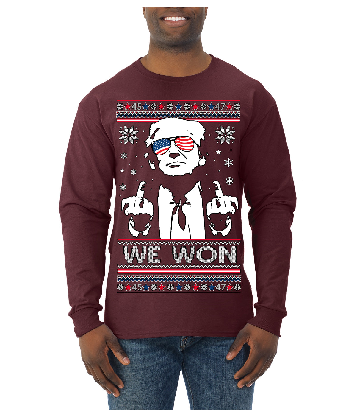 We Won Funny 45 47 President Trump Shot USA Glasses Ugly Christmas Sweater Mens Long Sleeve Shirt