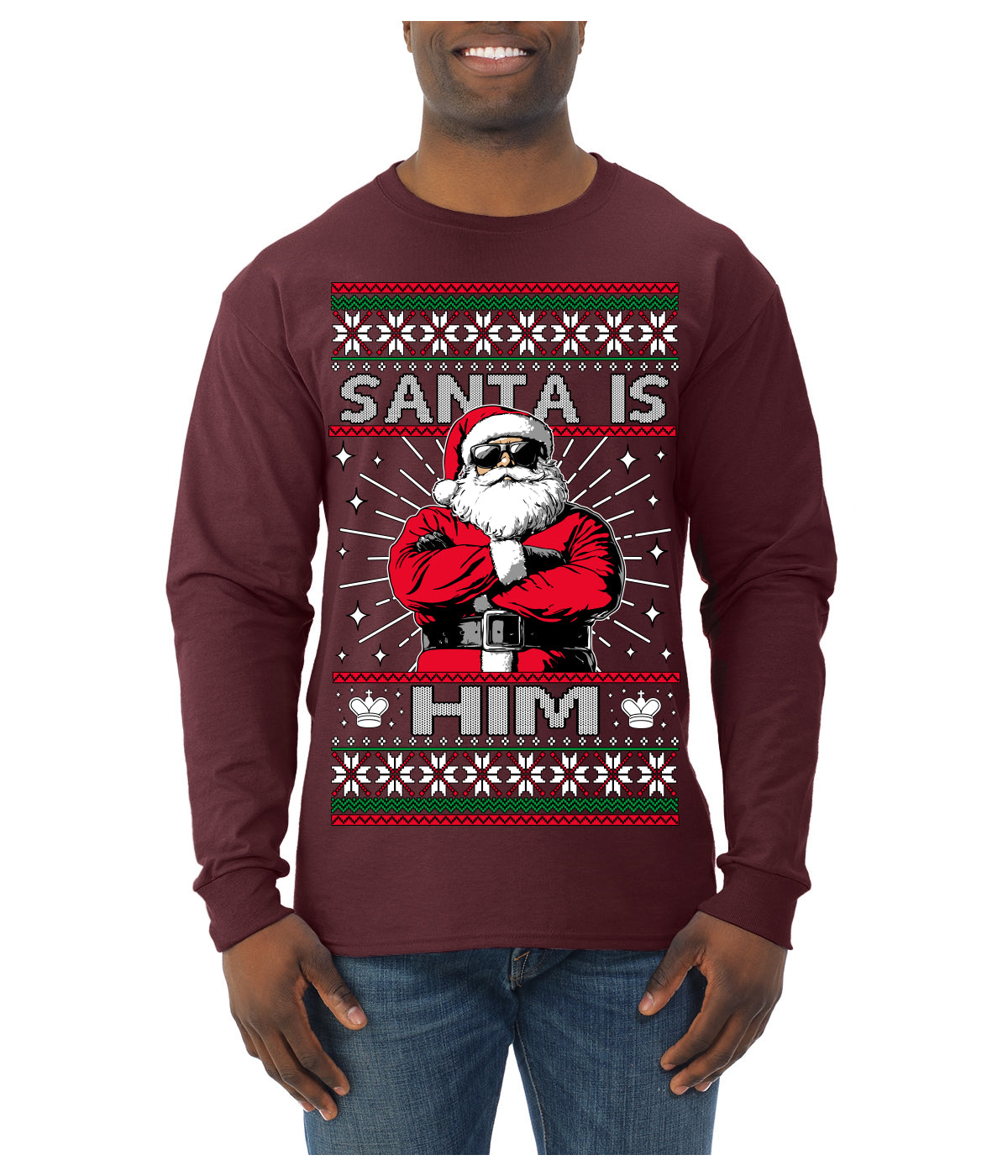 Santa Is Him Funny Gen Z Viral Meme Shades Slang Ugly Christmas Sweater Mens Long Sleeve Shirt