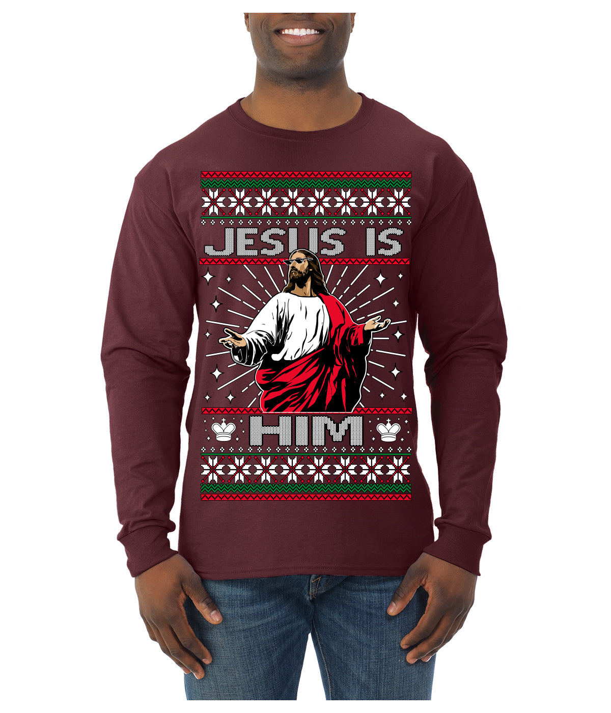 Jesus Is Him Funny Gen Z Viral Meme Shades Slang Ugly Christmas Sweater Mens Long Sleeve Shirt