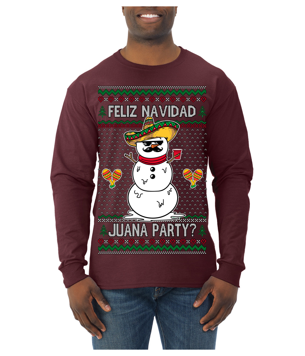 Feliz Navidad Juana Party Funny Spanish Drinking Cerveza Ugly Christmas Sweater Mens Long Sleeve Shirt