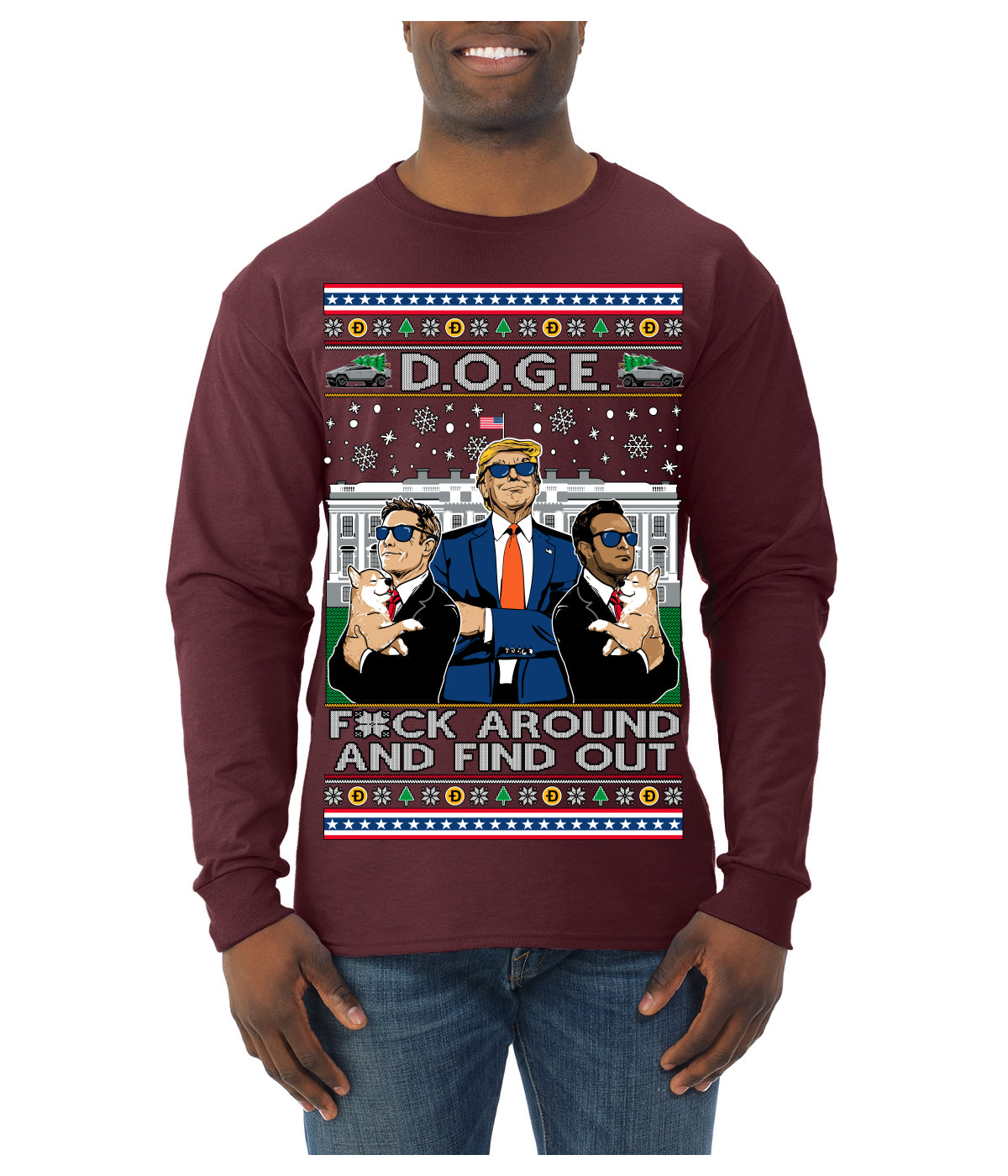 Doge F Around and Find Out Donald Trump Elon Vivek MAGA Ugly Christmas Sweater Mens Long Sleeve Shirt