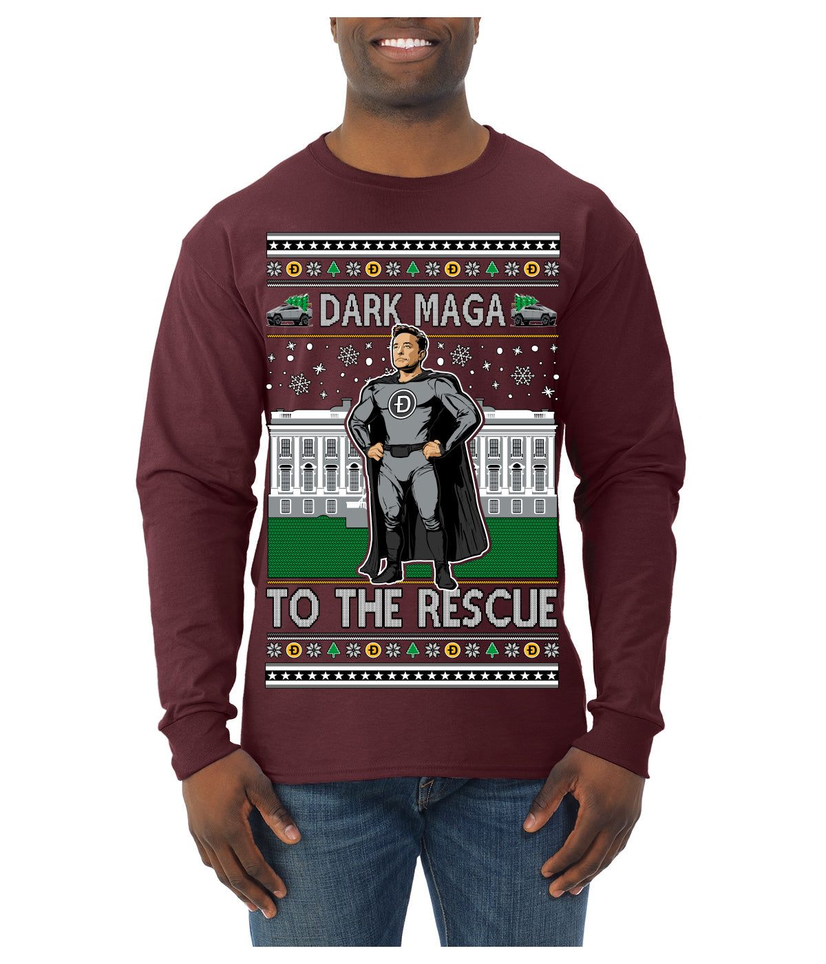 Dark MAGA to the Rescue Elon Superhero Doge Crypto Ugly Christmas Sweater Mens Long Sleeve Shirt