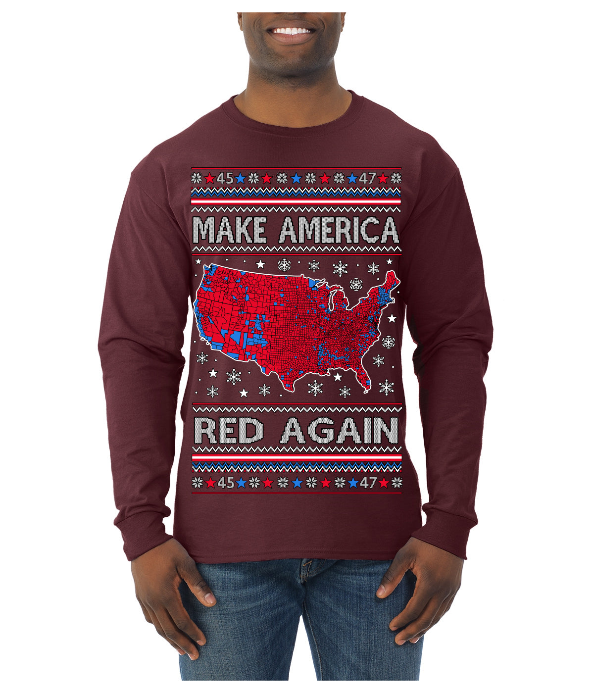Make America Red Again USA Map Trump 2024 MAGA Ugly Christmas Sweater Mens Long Sleeve Shirt
