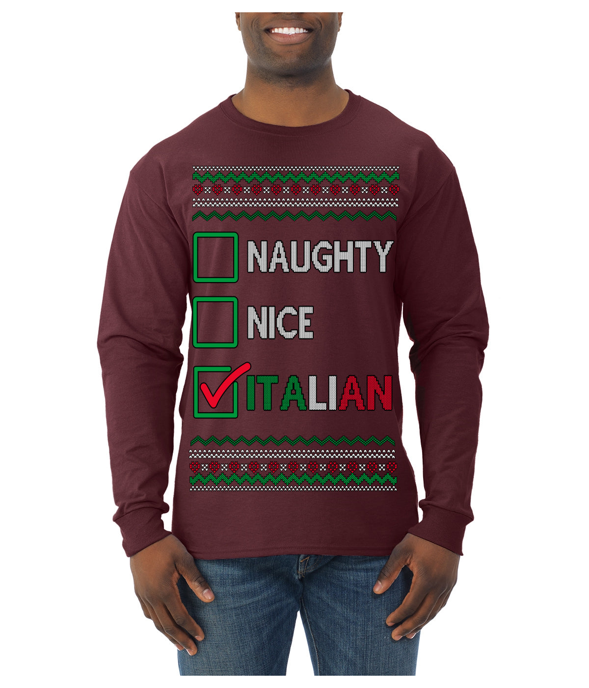 Naughty Nice Italian Funny Italians Italy Colors Ugly Christmas Sweater Mens Long Sleeve Shirt