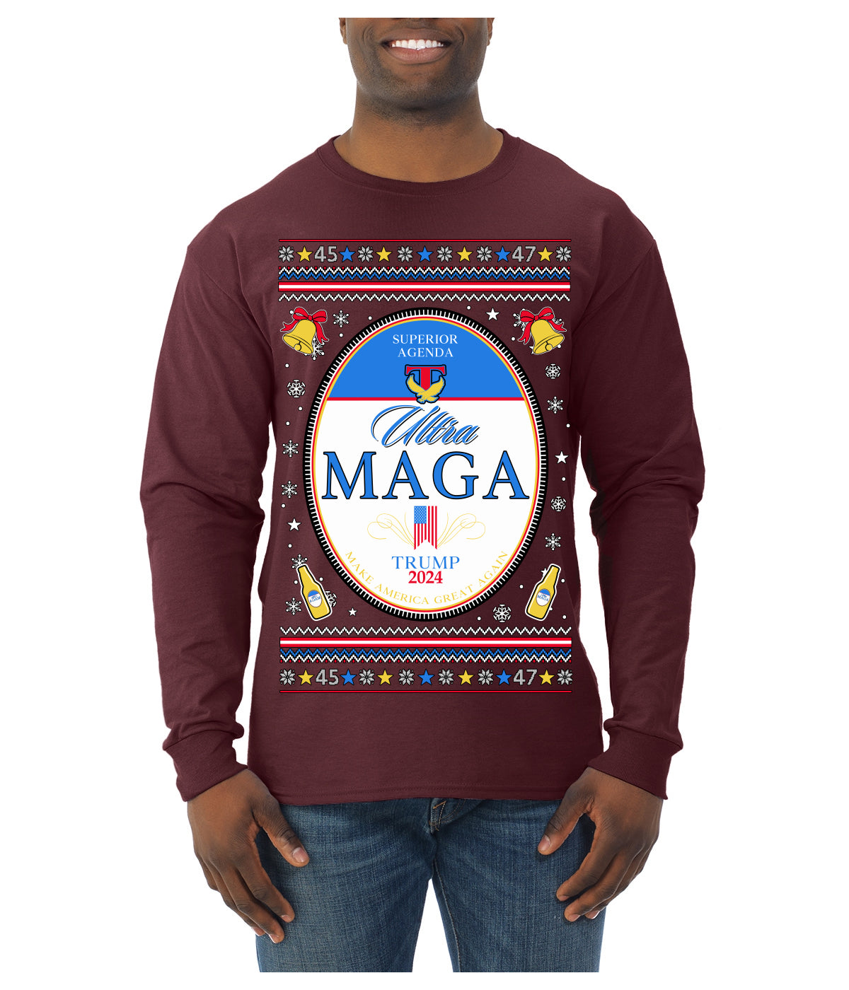 Ultra MAGA Superior Agenda Trump 2024 Funny Beer Logo Ugly Christmas Sweater Mens Long Sleeve Shirt