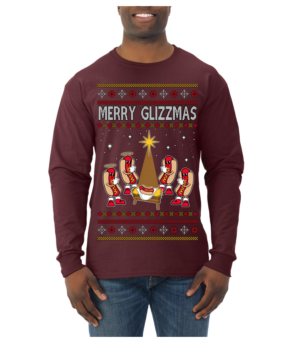 Merry Glizzmas, Funny Glizzy Hot Dog Baby Jesus Catholic Nativity, Fast Food Mustard Condiment Glizzys Humor Ugly Christmas Sweater Mens Long Sleeve Shirt