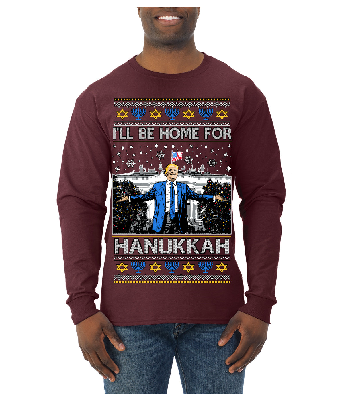 I'll Be Home for Hanukkah, Funny President Donald Trump JD Vance Winter Holiday Chanukah Hannukkah Channukah Ugly Christmas Sweater Mens Long Sleeve Shirt