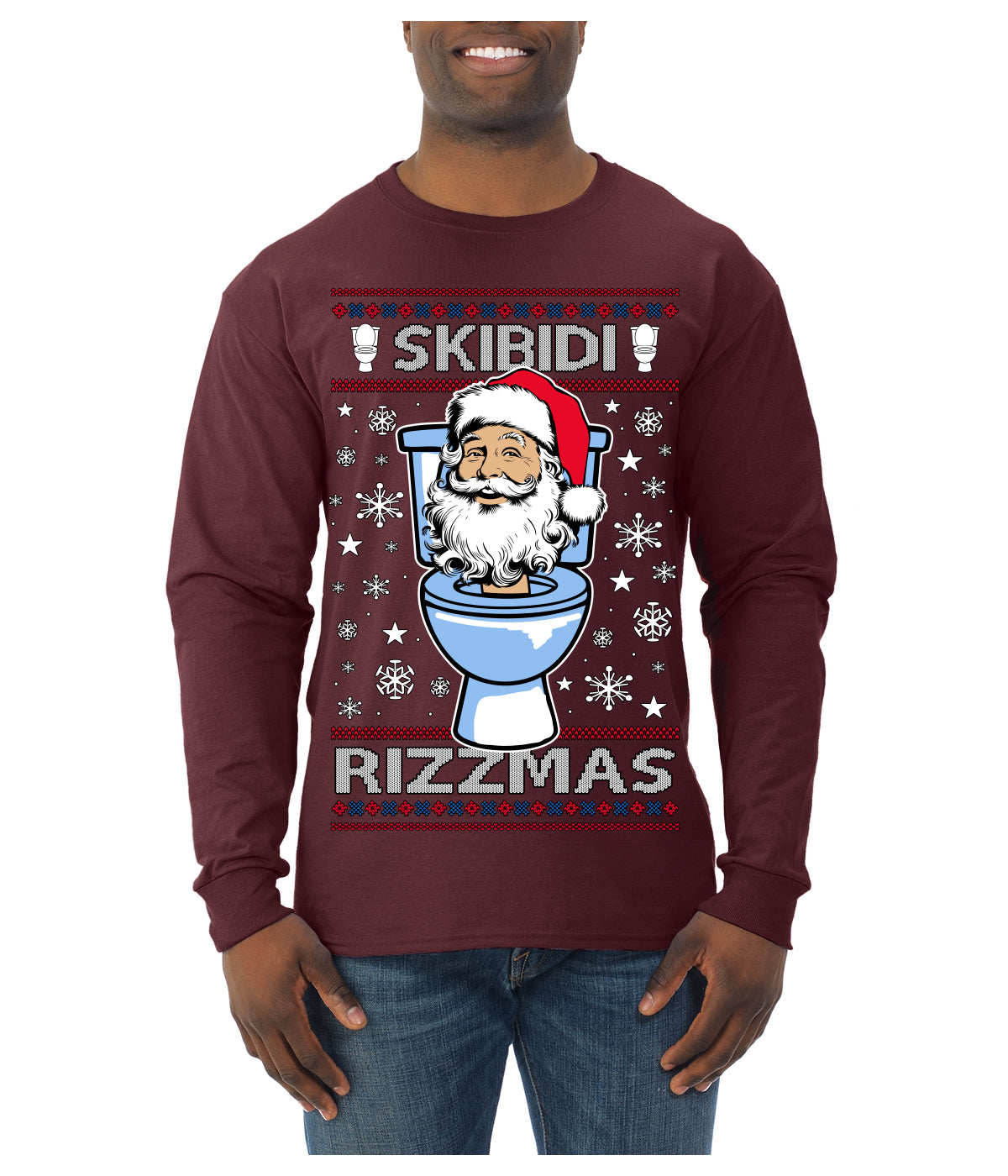Skibidi Rizzmas Funny Toilet Video Viral Brain Rot Meme, Gen Z Alpha Slang Brainrot Memes Ugly Christmas Sweater Mens Long Sleeve Shirt