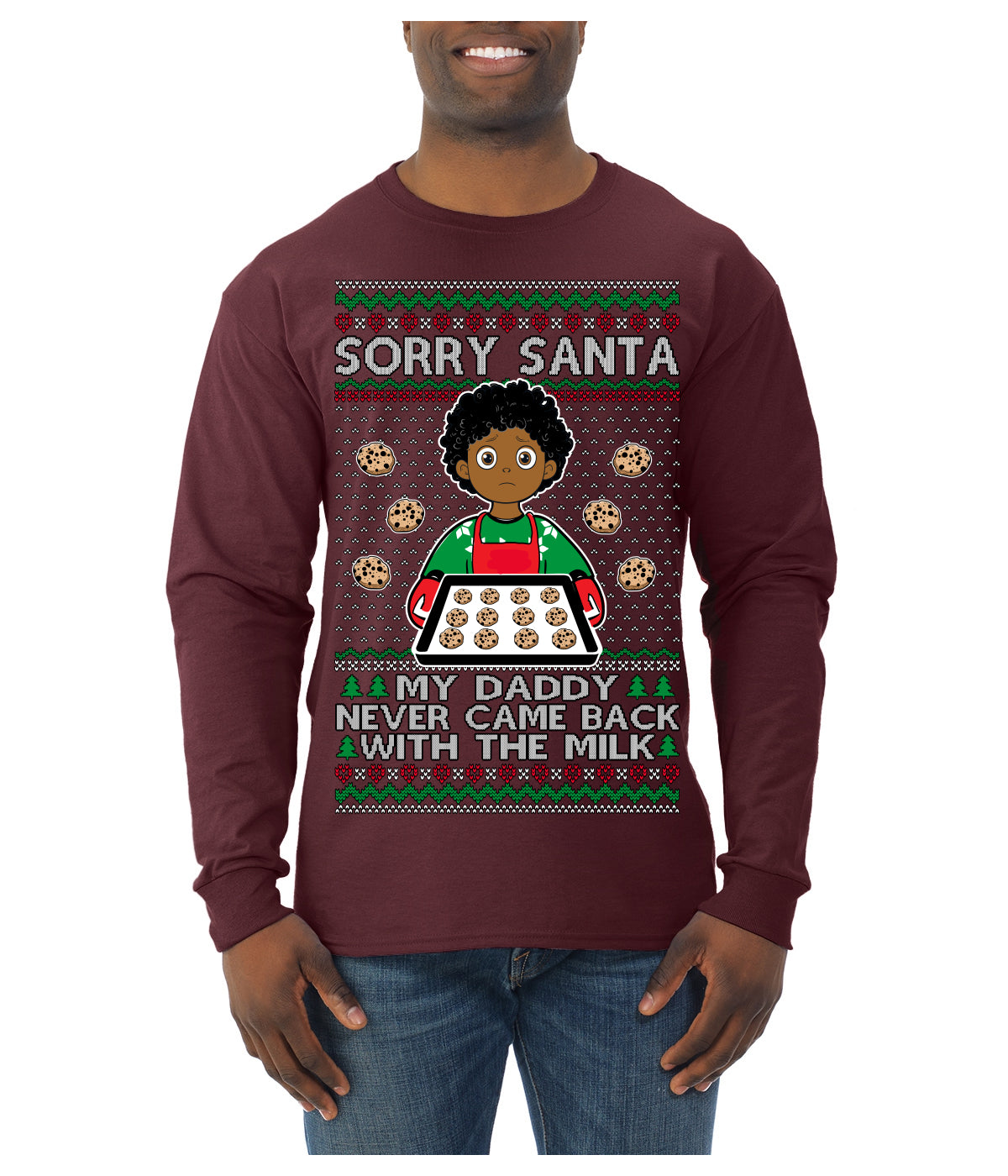 Sorry Santa Dad Never Came Back With Milk, Other Kid, Funny Viral Daddy Left Sad Kid Meme Ugly Christmas Sweater Mens Long Sleeve Shirt