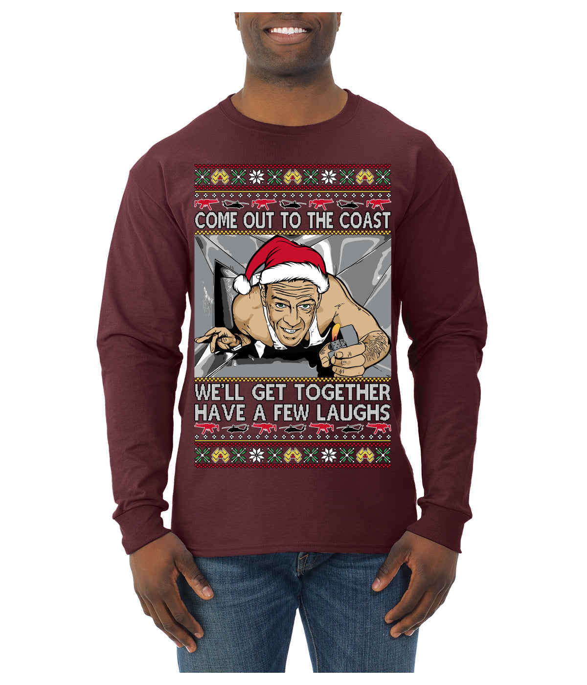 Come Out to the Coast Have a Few Laughs Die Hard McClane Ugly Christmas Sweater Mens Long Sleeve Shirt