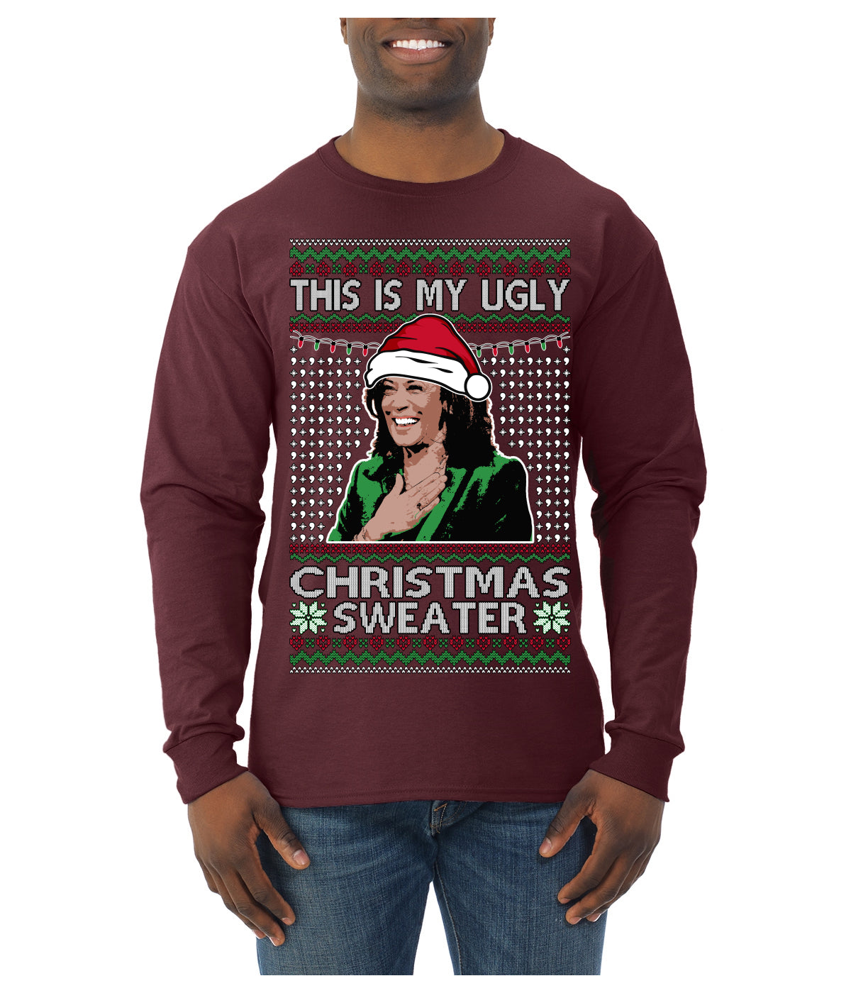 This Is My Ugly Sweater Funny Santa Kamala Harris Ugly Christmas Sweater Mens Long Sleeve Shirt