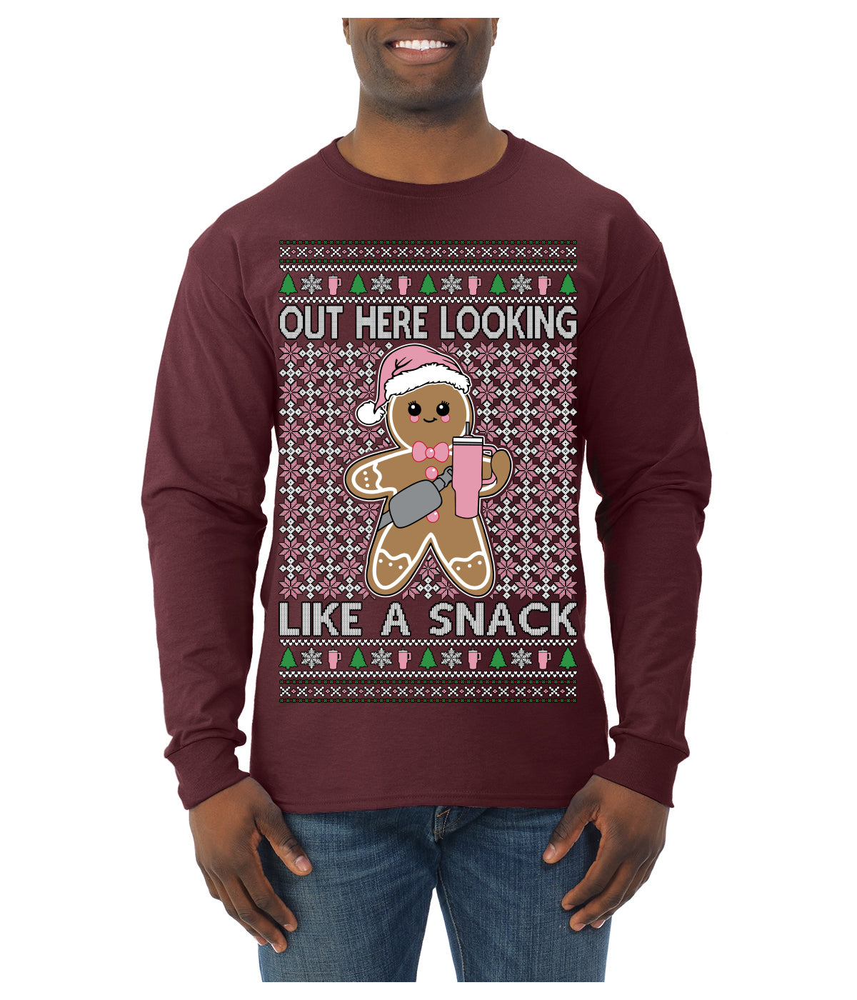 Out Here Looking Like a Snack Cute Xmas Cookie Ugly Christmas Sweater Mens Long Sleeve Shirt