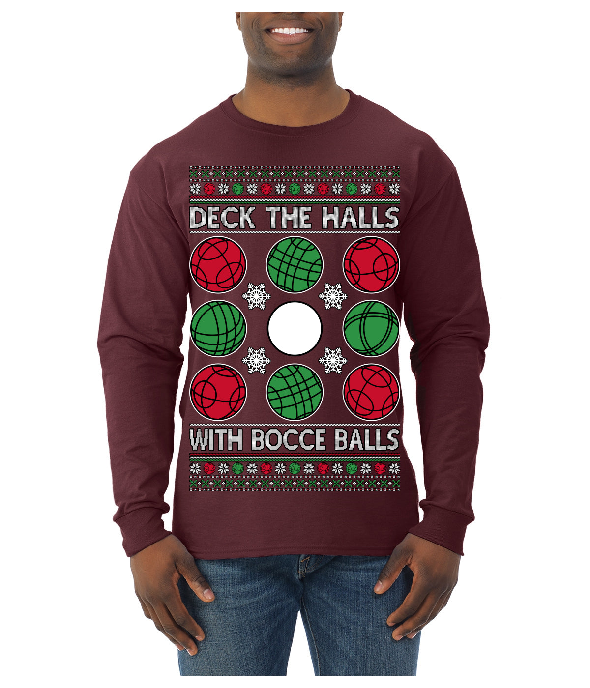 Deck the Halls with Bocce Balls, Funny Classic Italy Italian Sports Ugly Christmas Sweater Mens Long Sleeve Shirt