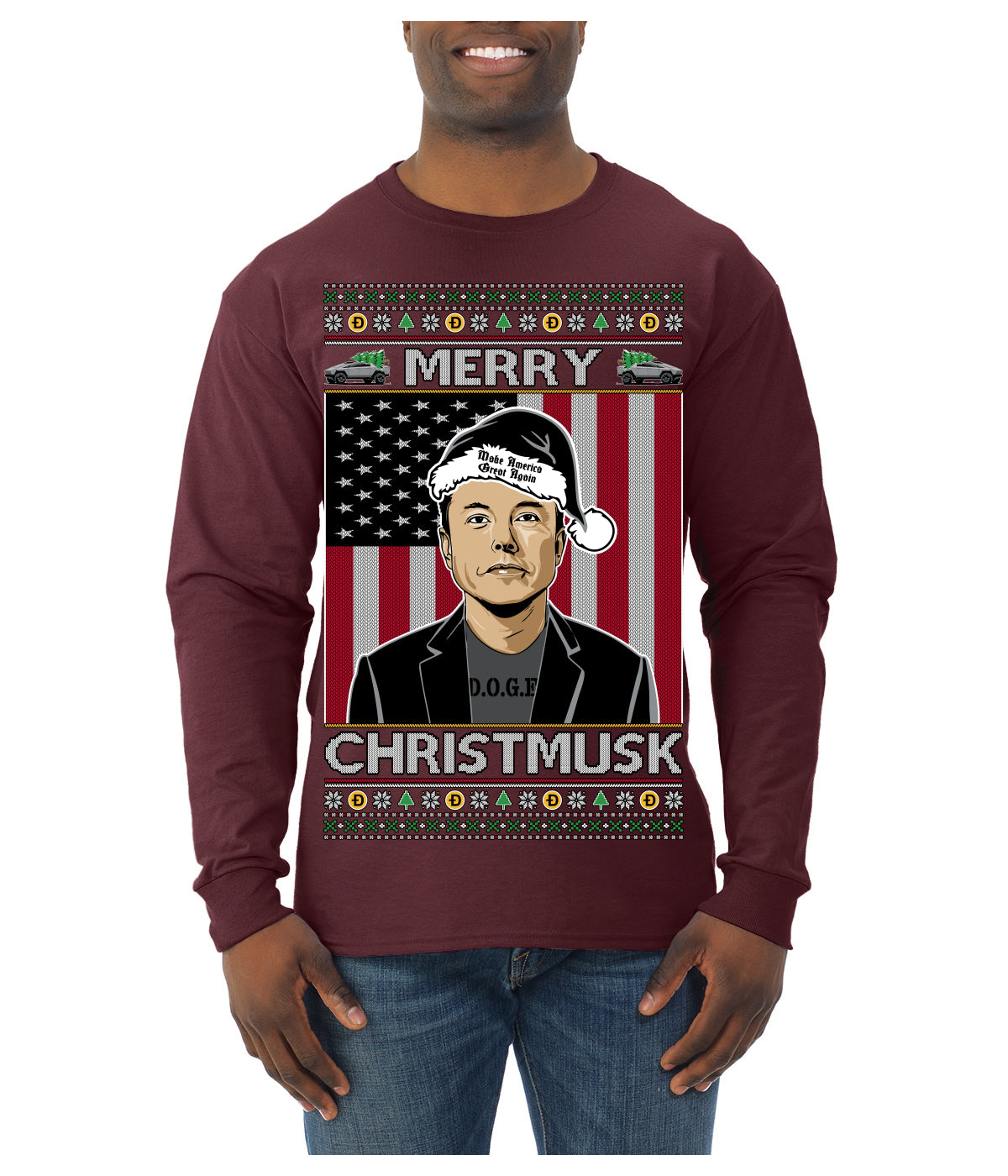 Merry Christmusk Funny Dark MAGA Santa Elon Doge Meme Ugly Christmas Sweater Mens Long Sleeve Shirt