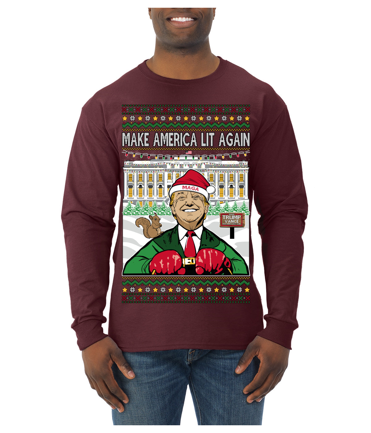 Make America Lit Again Funny Trump 2024 White House MAGA Ugly Christmas Sweater Mens Long Sleeve Shirt