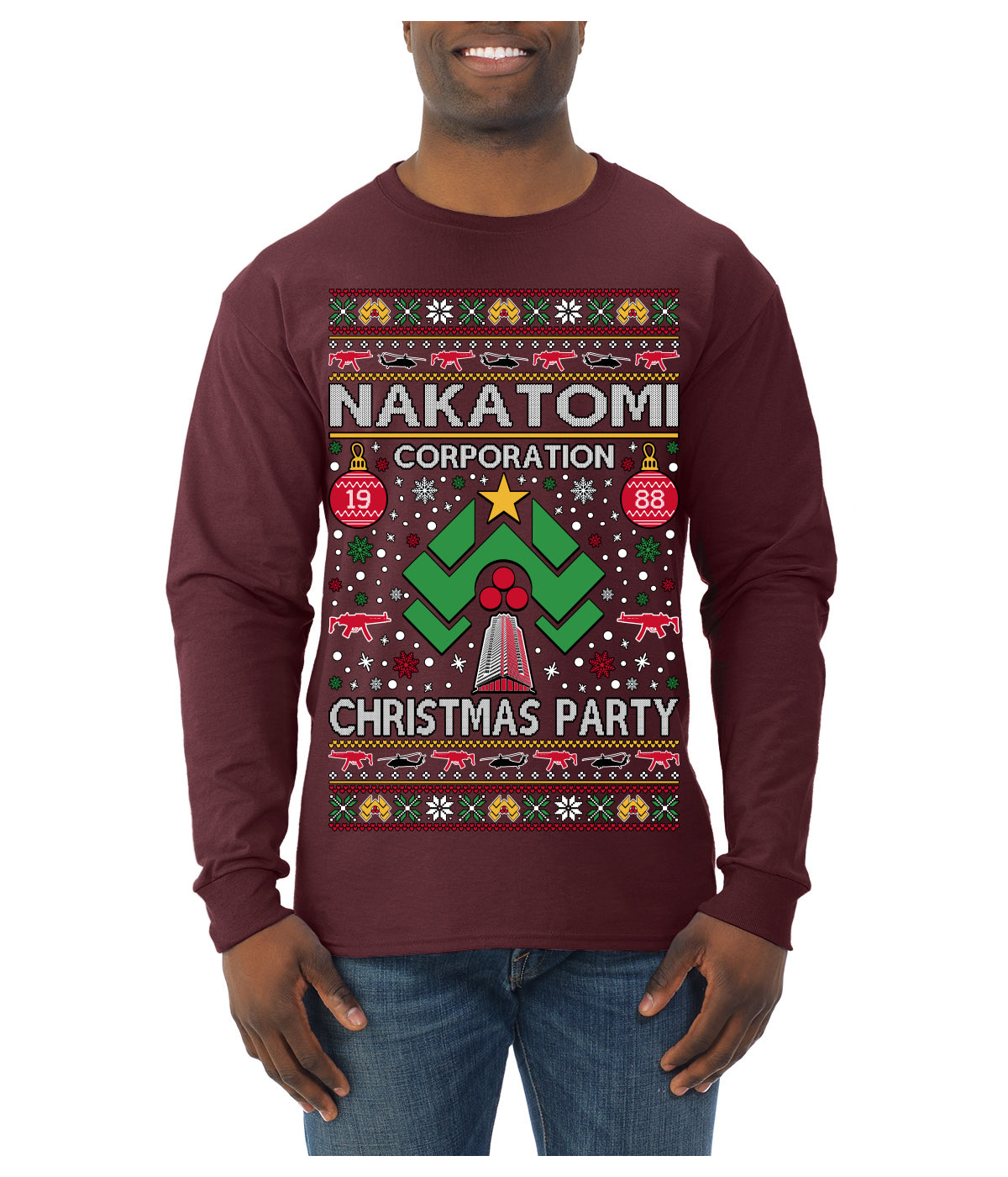 Nakatomi Corporation Christmas Party 1988 Plaza Logo, Classic Die Hard McClane 80s Xmas Movie Quote Ugly Christmas Sweater Mens Long Sleeve Shirt