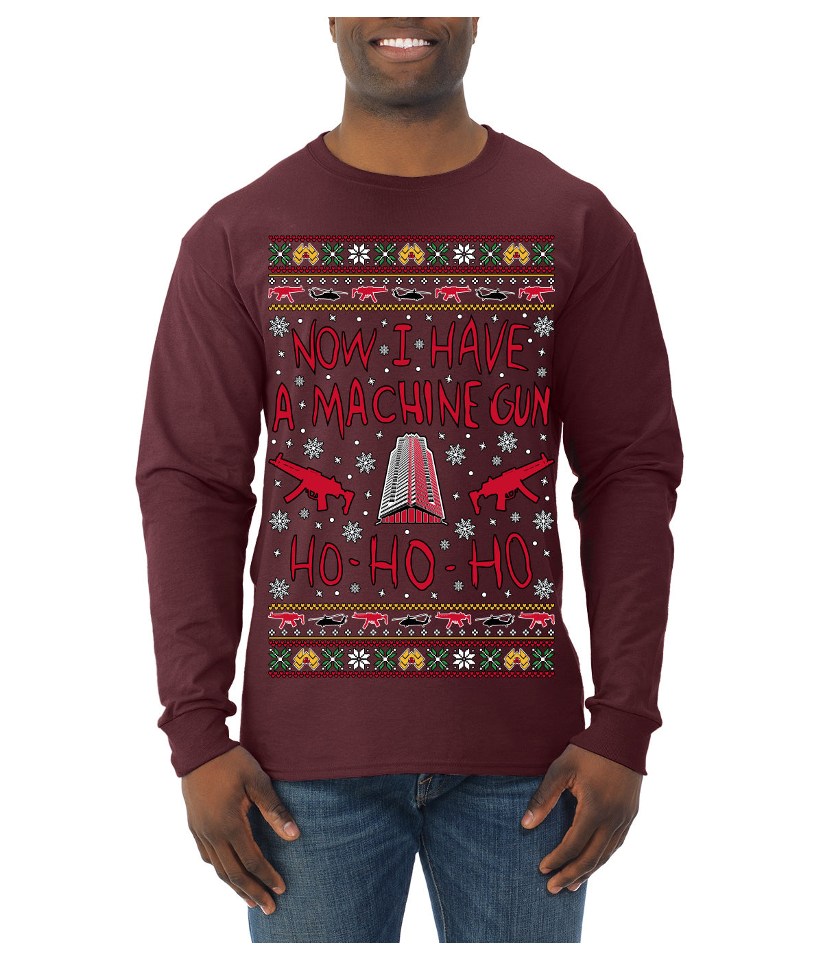Now I Have a Machine Gun Ho Ho Ho Nakatomi Die Hard McClane Classic 80s Xmas Movie Ugly Christmas Sweater Mens Long Sleeve Shirt