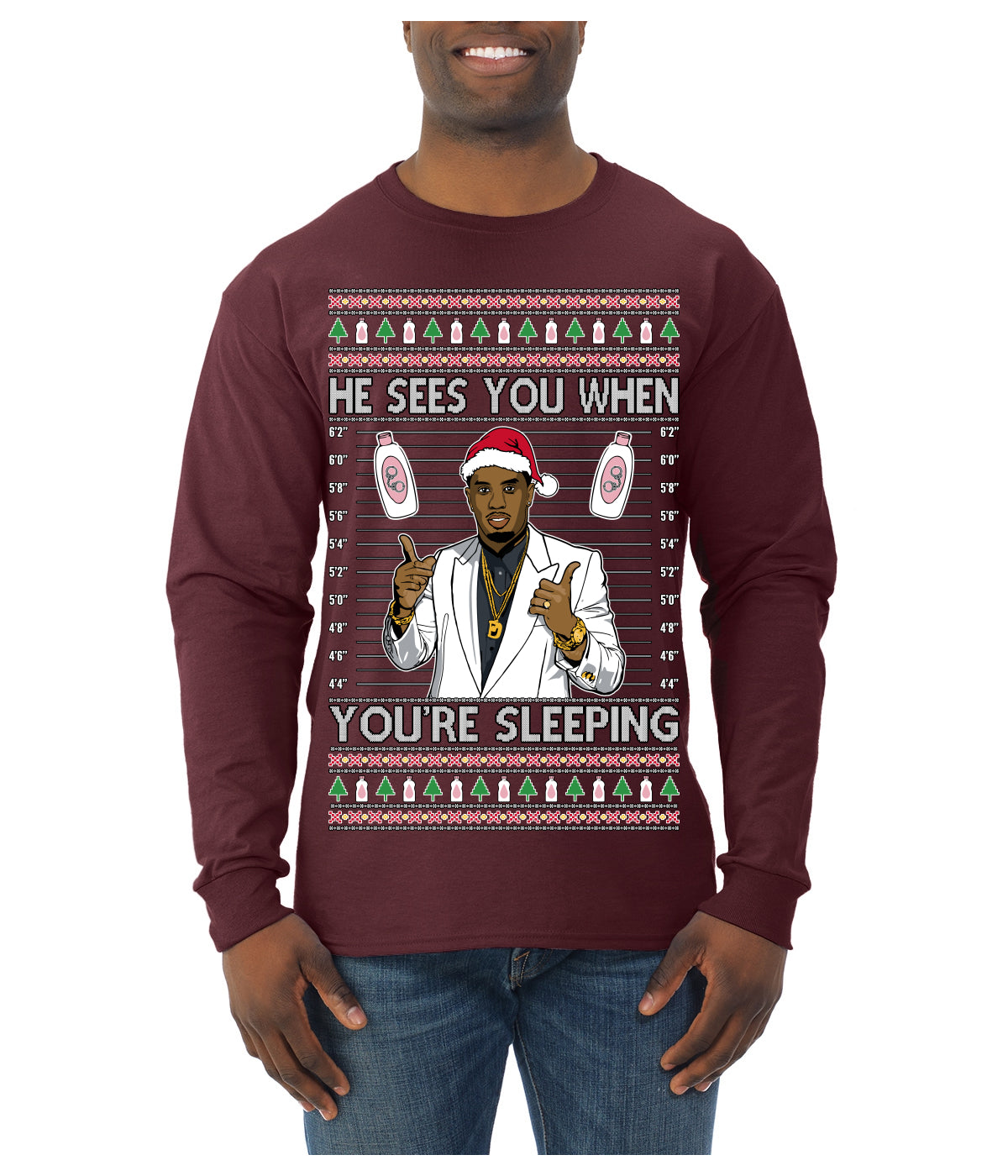 He Sees You When You're Sleeping, Funny Santa P Diddy Diddler Funny Party Viral Music Baby Oil Meme Ugly Christmas Sweater Mens Long Sleeve Shirt