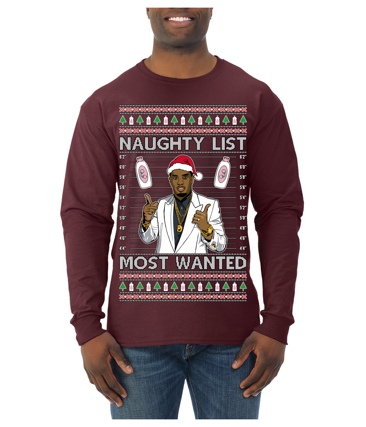 Naughty List Most Wanted, Funny Santa P Diddy Diddler Funny Party Viral Music Baby Oil Meme Ugly Christmas Sweater Mens Long Sleeve Shirt