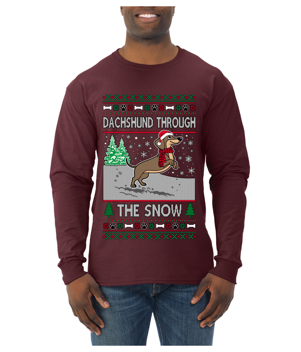 Dachshund Through The Snow, Cute Dog Christmas Sweater, Ugly Christmas Sweater Mens Long Sleeve Shirt