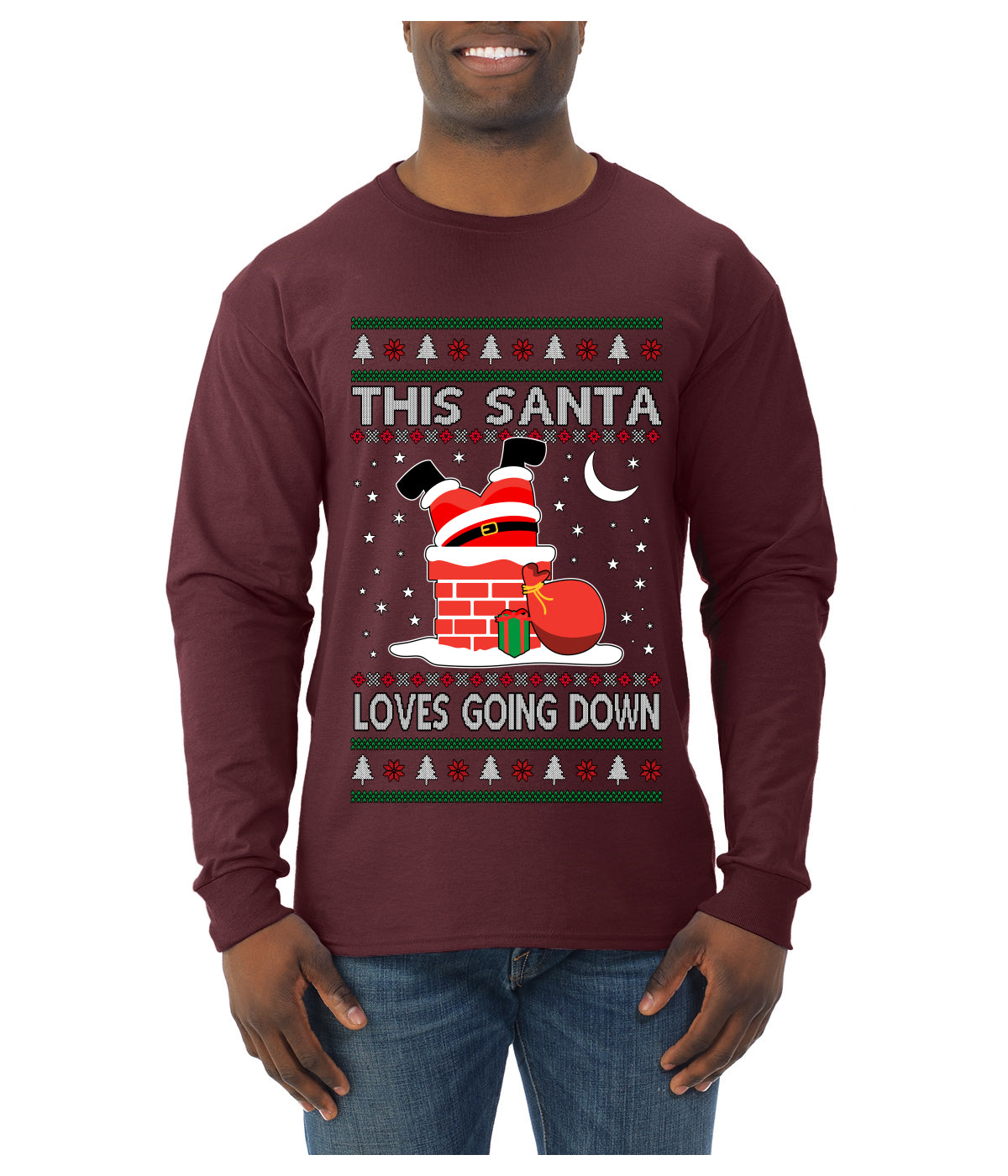 This Santa Loves going down, Funny dirty Humor, Ugly Christmas Sweater Mens Long Sleeve Shirt