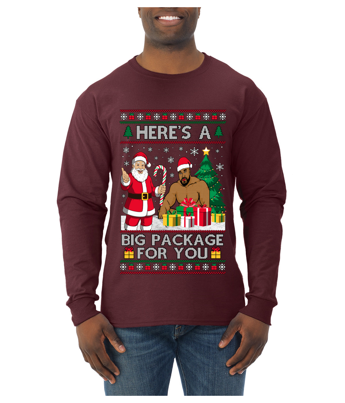 Here's A Big Package For You Santa Christmas Sweater, Ugly Christmas Sweater Mens Long Sleeve Shirt