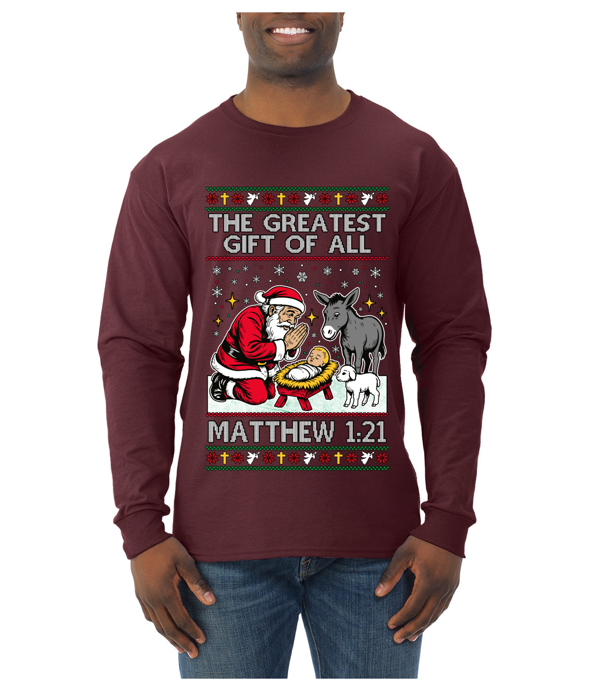 The Greatest Gift Of All Matthew 1:21, Ugly Christmas Sweater Mens Long Sleeve Shirt