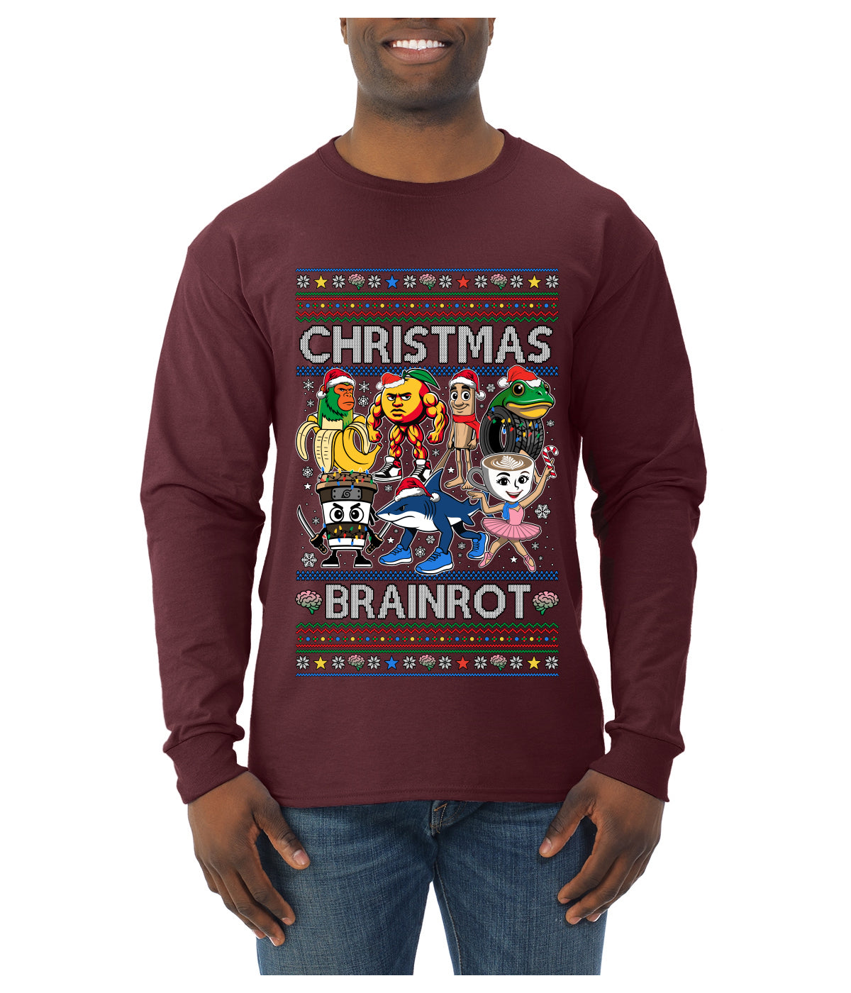 Christmas Brainrot, Ugly Christmas Sweater Mens Long Sleeve Shirt