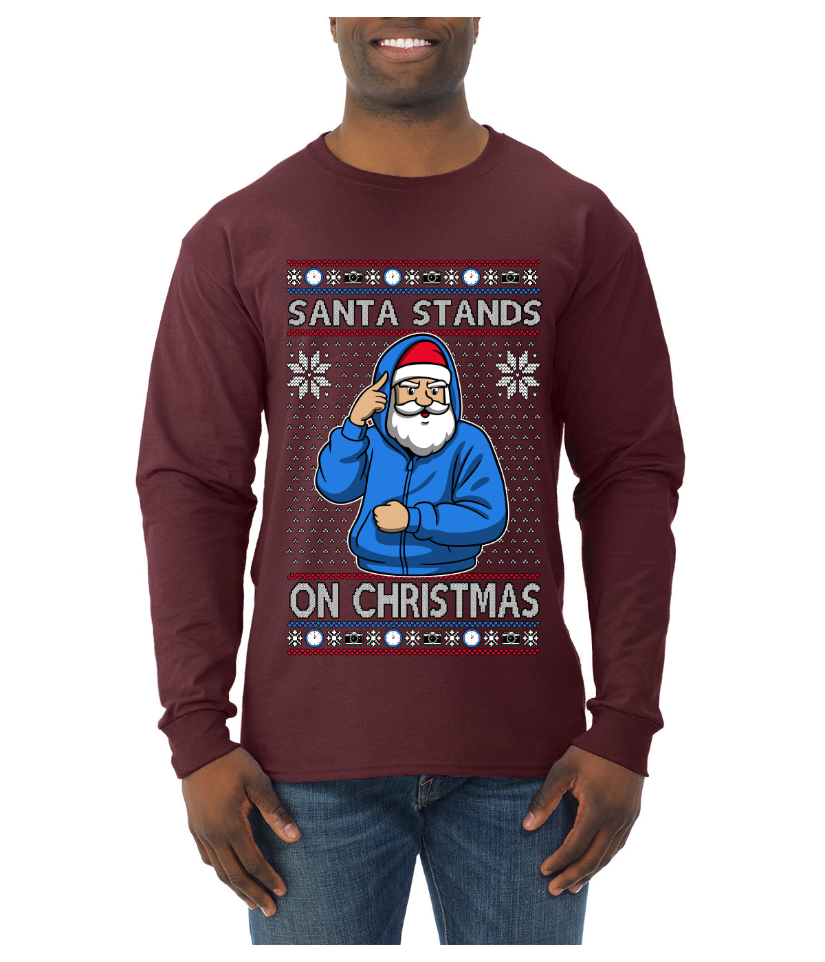 Santa Stands On Christmas, Ugly Christmas Sweater Mens Long Sleeve Shirt