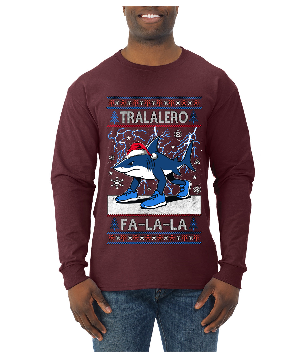 Tralalero Fa La La Brainrot, Ugly Christmas Sweater Mens Long Sleeve Shirt