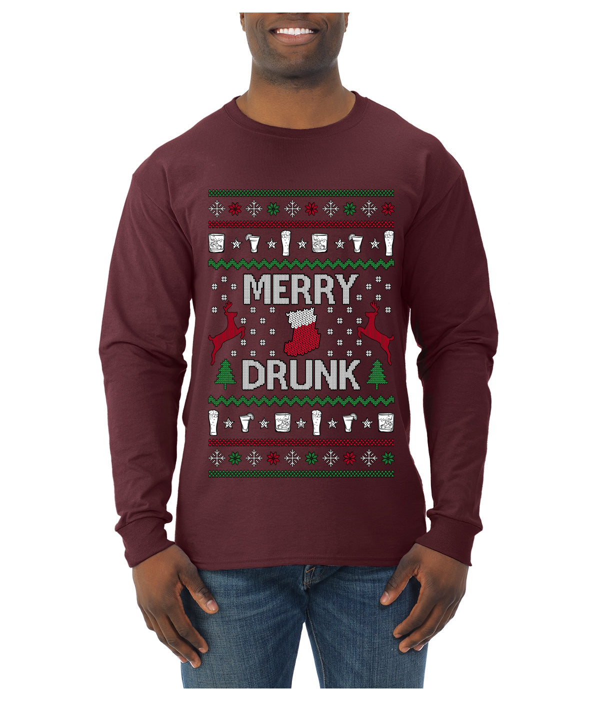 Merry Drunk, Ugly Christmas Sweater Unisex Unisex Mens Long Sleeve Shirt